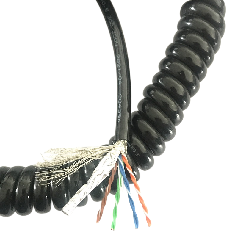 Coiled Ethernet + Power Cable | Spring-Type Retractable Cable for Industrial Equipment