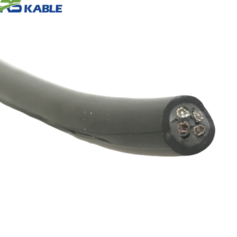 Flexible 4-core cable cross-section Bent flexible cable with black outer sheath showing 4-core conductor cross-section at the cut end